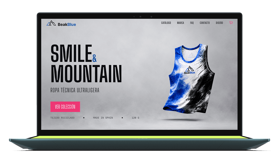 Mockup of the Beakblue online store, ultralight technical sportswear, open on a laptop