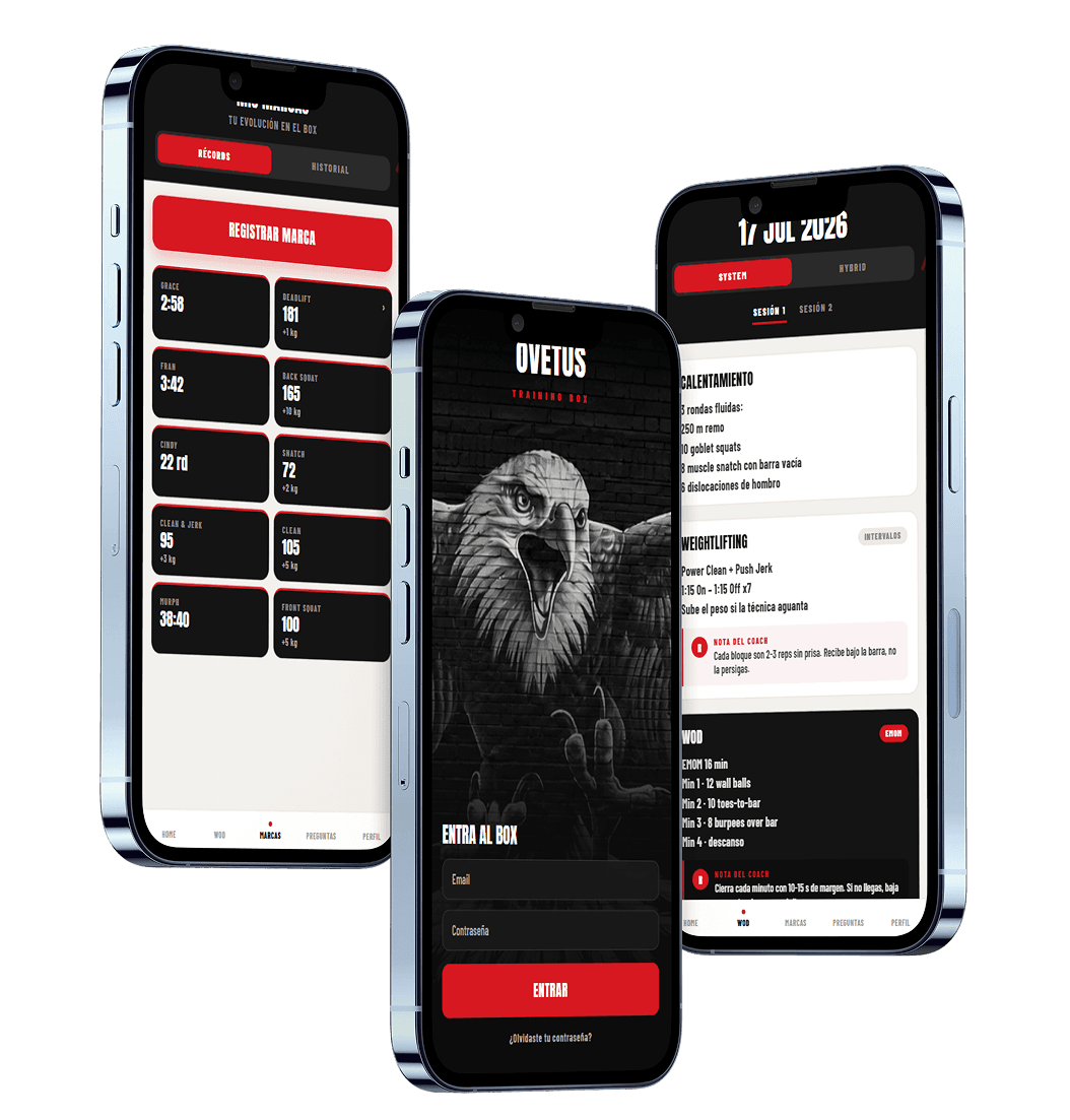 Mockup of the Ovetus Training Box app on three phones: personal records, workout of the day and box login