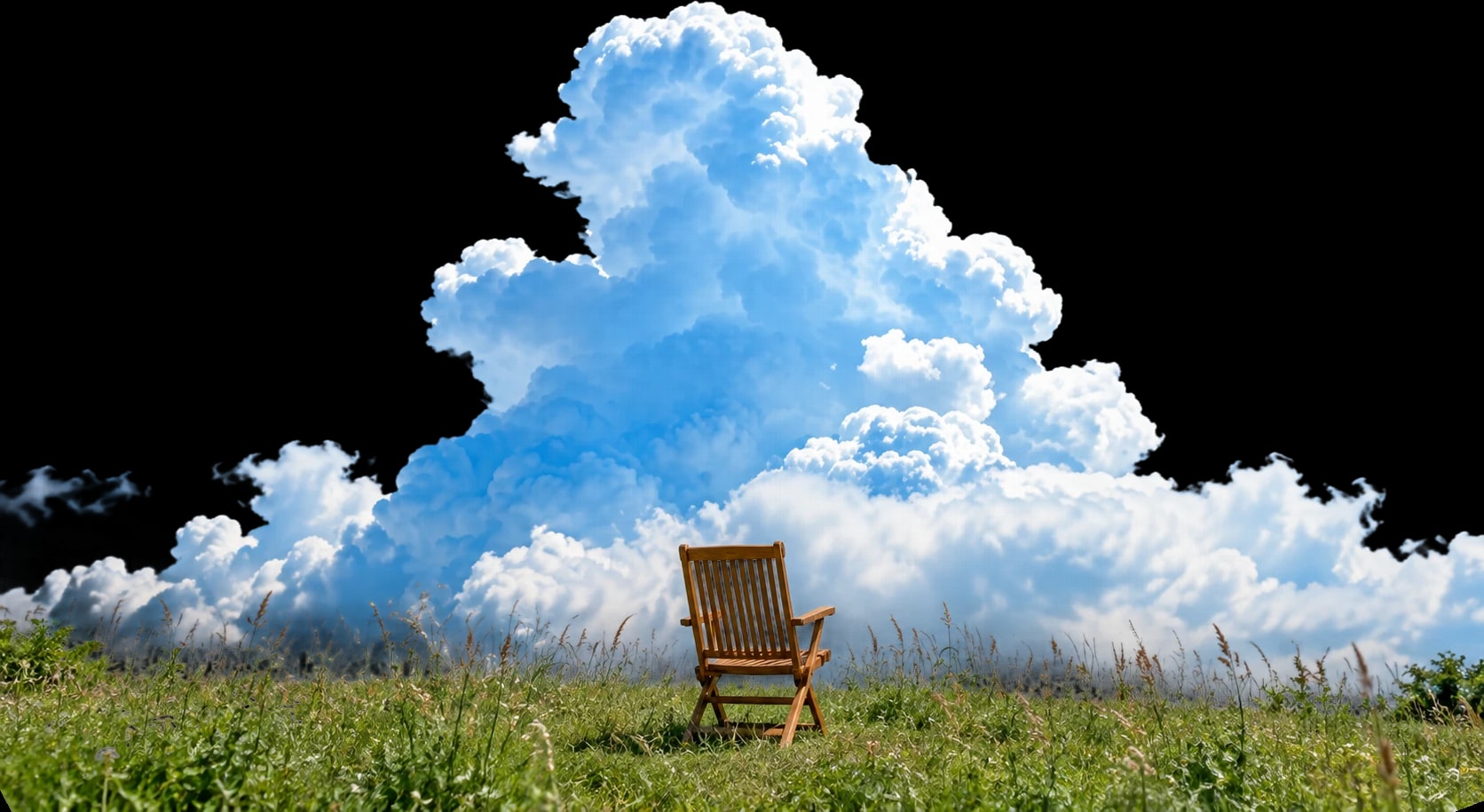 Una silla de madera vacía en un prado, bajo un cielo azul despejado con una gran nube blanca