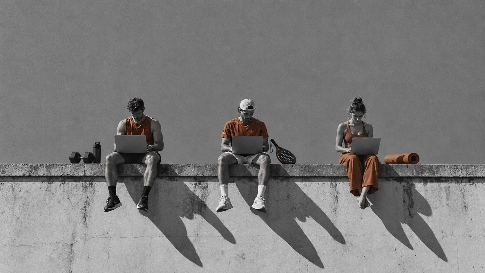 Tres deportistas, de gimnasio, de pádel y de yoga, sentados en lo alto de un muro trabajando con el portátil