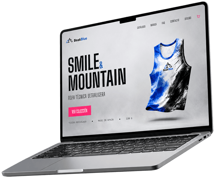 Maqueta de la tienda online de Beakblue, ropa técnica de montaña, abierta en un portátil